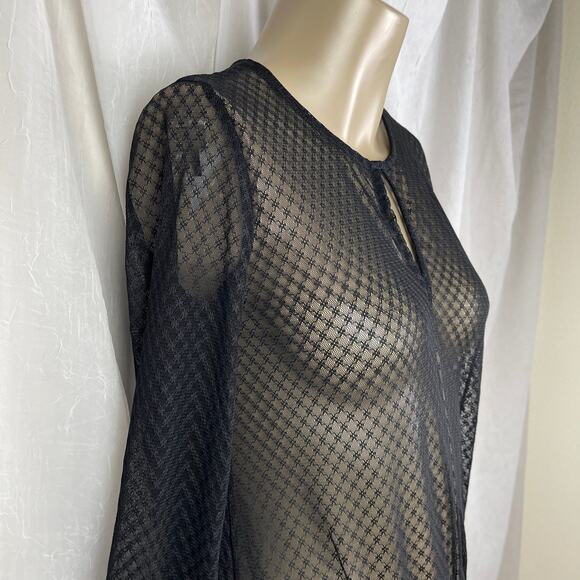 💋 Black Sheer Lattice Crosshatch Lace Bodysuit Long Sleeves Key Hole Forever 21 - Picture 4 of 16